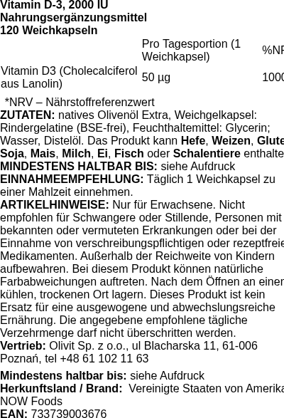 Produktetikett — Vitamin D-3, 2000 IU - 120 softgels (PB 4750)