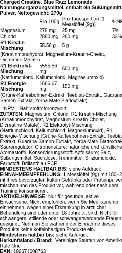 Produktetikett — Charged Creatine, Blue Razz Lemonade - 270g (PB 119700)