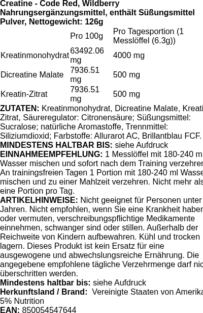 Produktetikett — Creatine - Code Red, Wildberry - 126g (PB 121133)