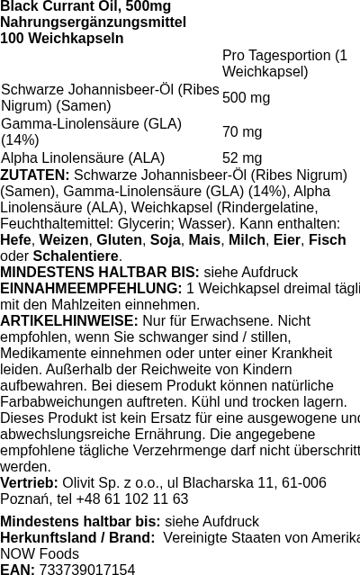 Produktetikett — Black Currant Oil, 500mg - 100 softgels (PB 8276)
