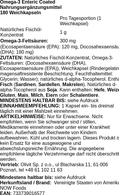 Produktetikett — Omega-3 Enteric Coated - 180 softgels (PB 7038)