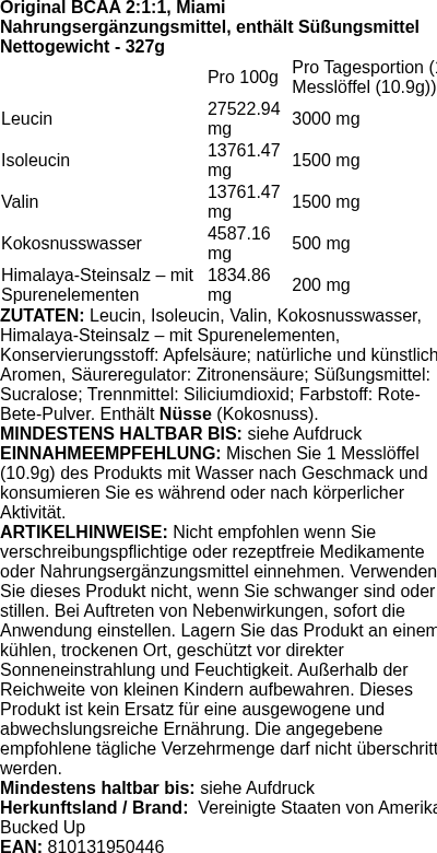Produktetikett — Original BCAA 2:1:1, Miami - 327g (PB 125544)