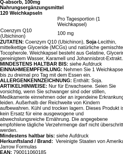 Produktetikett — Q-absorb, 100mg - 120 softgels (PB 87216)