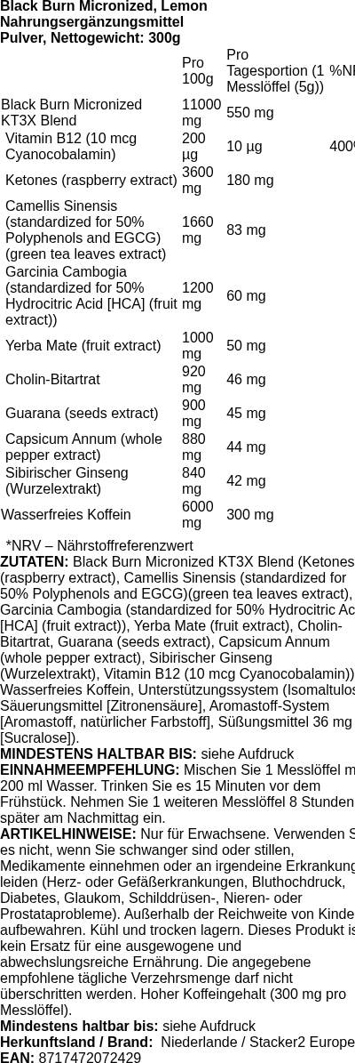 Produktetikett — Black Burn Micronized, Lemon - 300g (PB 95581)
