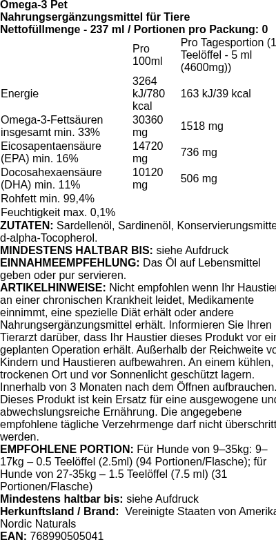 Produktetikett — Omega-3 Pet - 237 ml. (PB 87854)