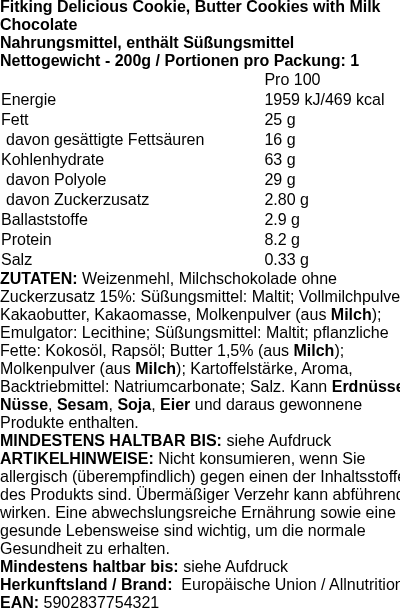 Produktetikett — Fitking Delicious Cookie, Butter Cookies with Milk Chocolate - 200g (PB 126008)