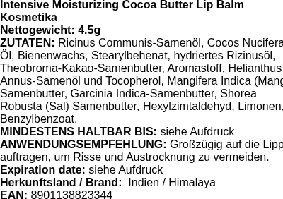 Produktetikett — Intensive Moisturizing Cocoa Butter Lip Balm - 4.5g (PB 102315)
