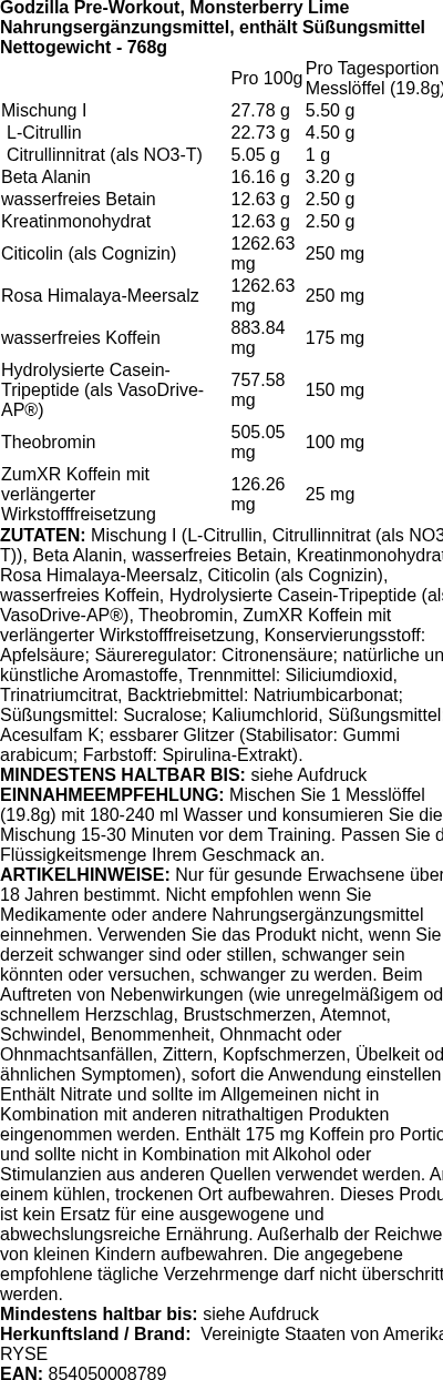Produktetikett — Godzilla Pre-Workout, Monsterberry Lime - 768g (PB 111119)