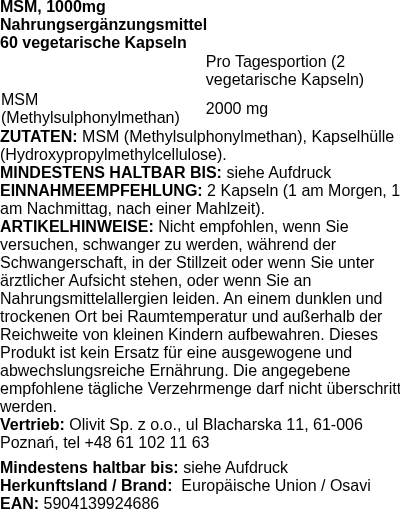 Produktetikett — MSM, 1000mg - 60 vcaps (PB 120432)