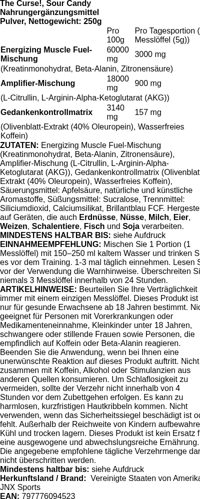 Produktetikett — The Curse!, Sour Candy - 250g (PB 118416)