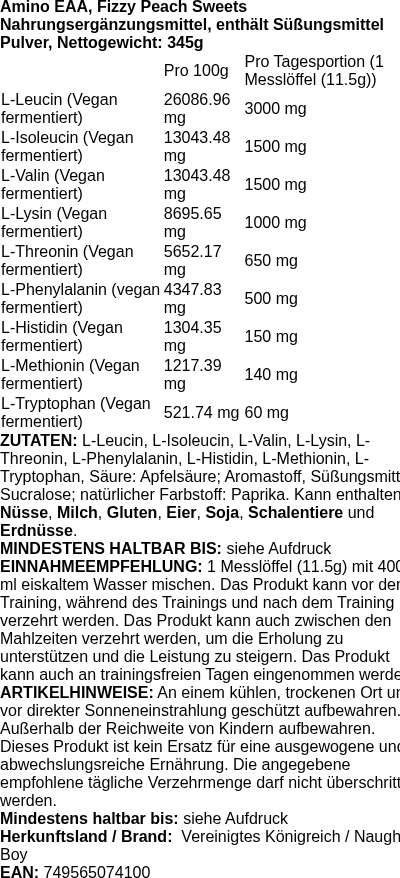 Produktetikett — Amino EAA, Fizzy Peach Sweets - 345g (PB 122857)