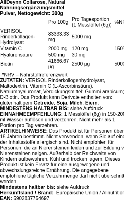 Produktetikett — AllDeynn Collarose, Natural - 300g (PB 123640)
