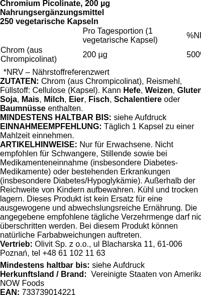 Produktetikett — Chromium Picolinate, 200mcg - 250 vcaps (PB 71482)
