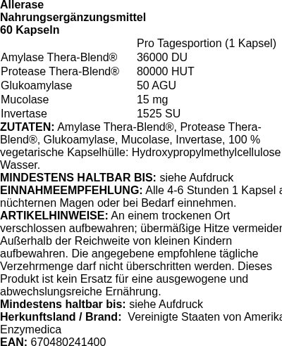 Produktetikett — Allerase - 60 caps (PB 100200)