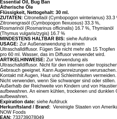 Produktetikett — Essential Oil, Bug Ban - 30 ml. (PB 115053)
