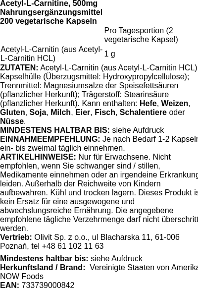 Produktetikett — Acetyl-L-Carnitine, 500mg - 200 vcaps (PB 79197)