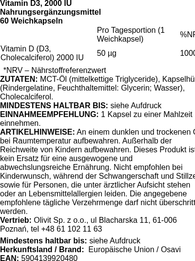 Produktetikett — Vitamin D3, 2000IU - 60 softgels (PB 105751)