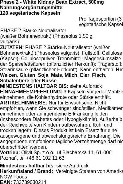 Produktetikett — Phase 2 - White Kidney Bean Extract, 500mg - 120 vcaps (PB 72532)