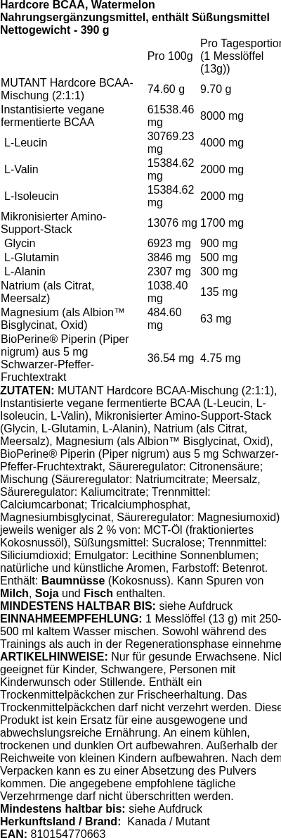 Produktetikett — Hardcore BCAA, Watermelon - 390g (PB 125117)