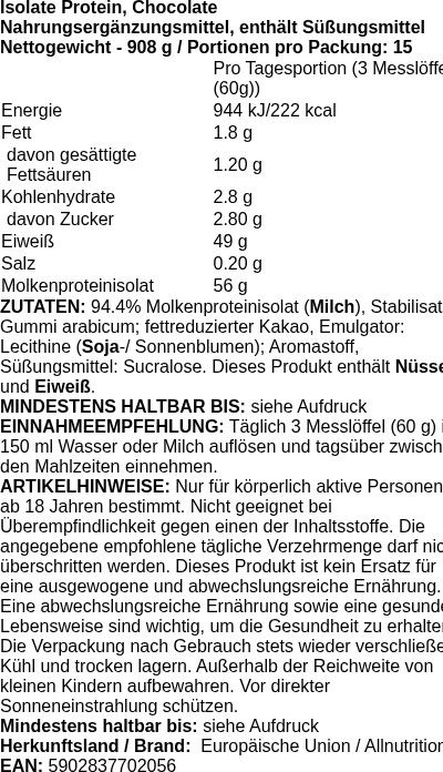 Produktetikett — Isolate Protein, Chocolate - 908g (PB 82969)