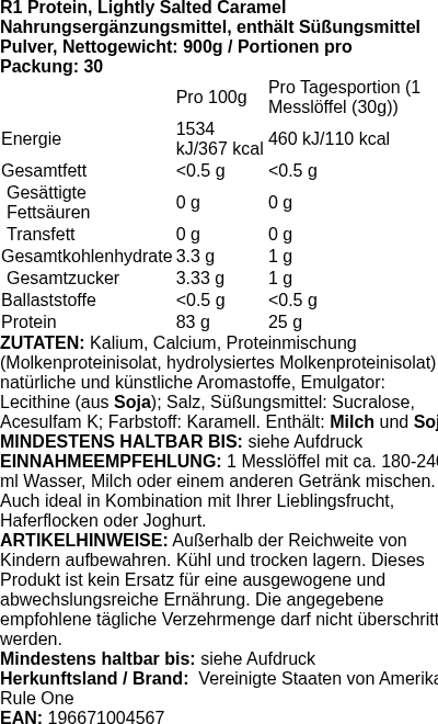 Produktetikett — R1 Protein, Lightly Salted Caramel - 900g (PB 110833)