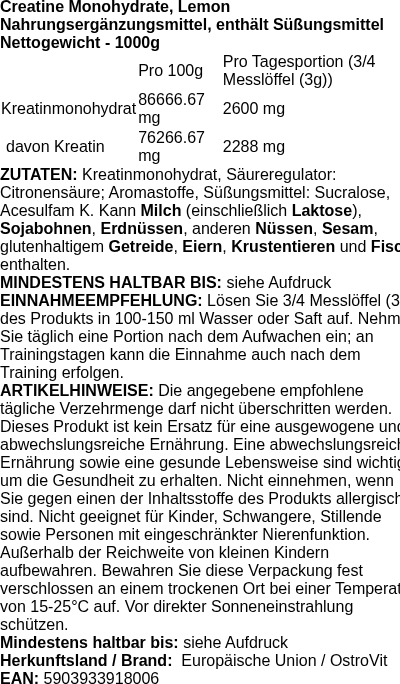 Produktetikett — Creatine Monohydrate, Lemon - 1000g (PB 126312)
