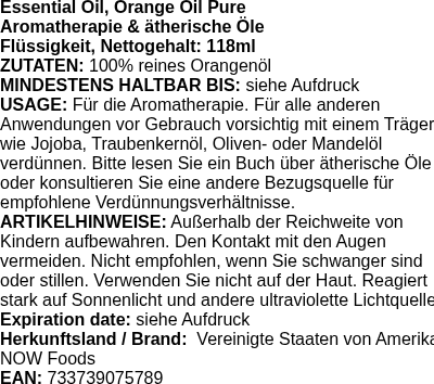 Produktetikett — Essential Oil, Orange Oil Pure - 118 ml. (PB 81043)