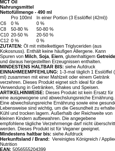 Produktetikett — MCT Oil - 490 ml. (PB 119488)
