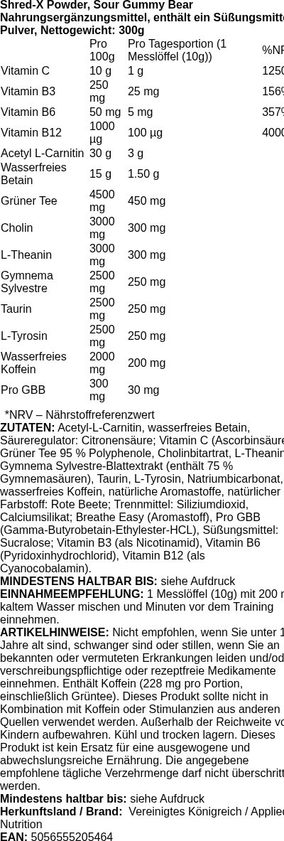 Produktetikett — Shred-X Powder, Sour Gummy Bear - 300g (PB 123887)