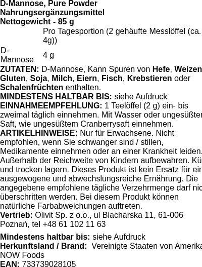 Produktetikett — D-Mannose, Pure Powder - 85g (PB 56311)