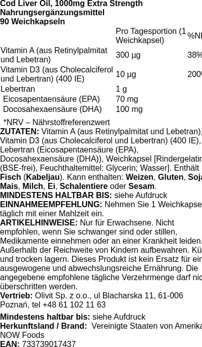 Produktetikett — Cod Liver Oil, 1000mg Extra Strength - 90 softgels (PB 64291)