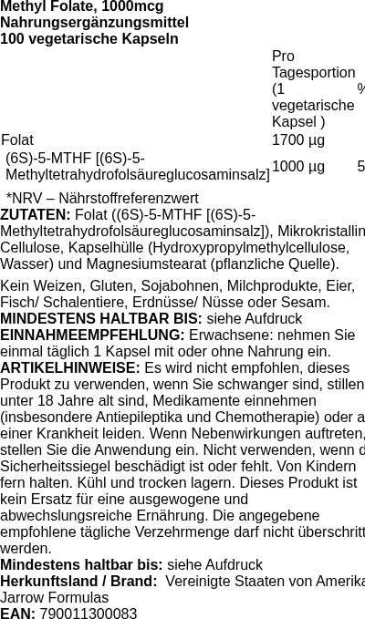 Produktetikett — Methyl Folate, 1000mcg - 100 vcaps (PB 78236)