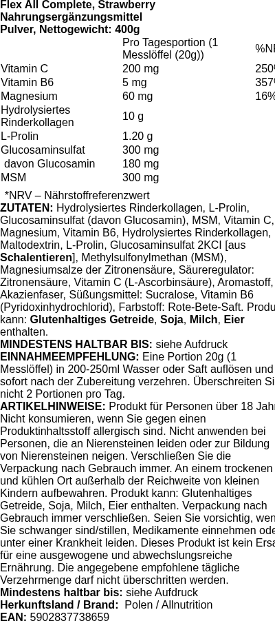 Produktetikett — Flex All Complete, Strawberry - 400g (PB 105337)
