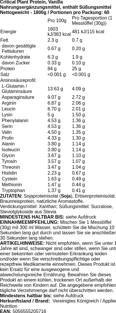 Produktetikett — Critical Plant Protein, Vanilla - 1800g (PB 119025)