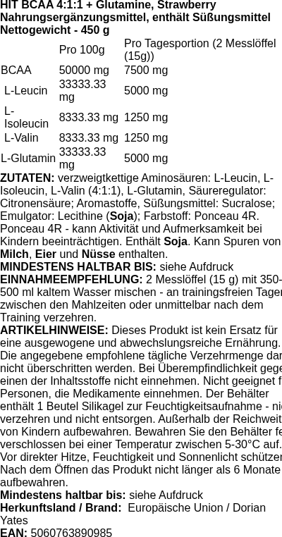 Produktetikett — HIT BCAA 4:1:1 + Glutamine, Strawberry - 450g (PB 109296)