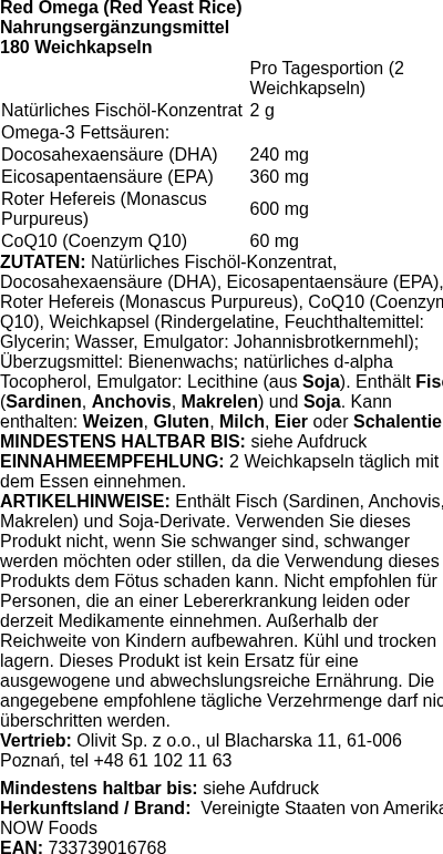Produktetikett — Red Omega (Red Yeast Rice) - 180 softgels (PB 2495)