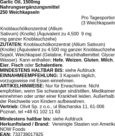 Produktetikett — Garlic Oil, 1500mg - 250 softgels (PB 71655)