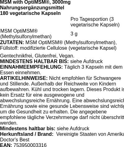 Produktetikett — MSM with OptiMSM, 3000mg - 180 vcaps (PB 104348)