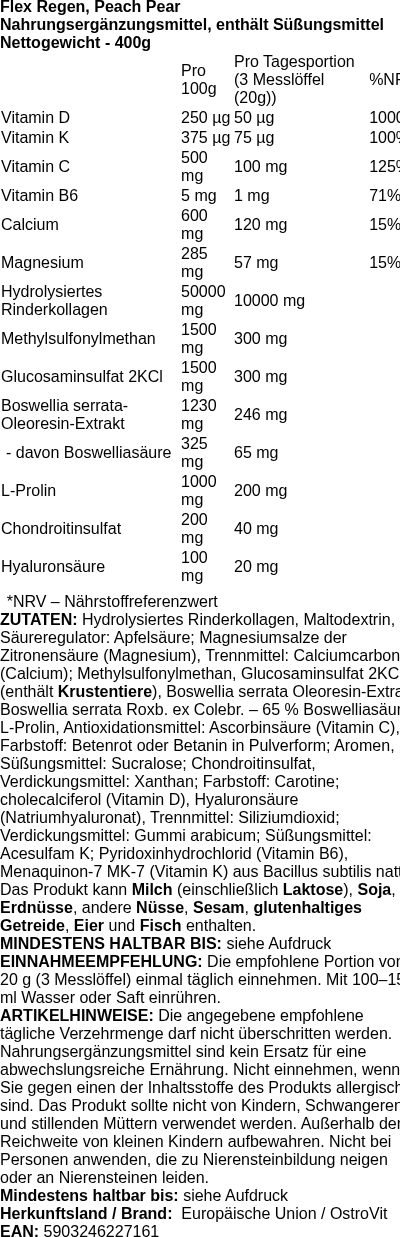 Produktetikett — Flex Regen, Peach Pear - 400g (PB 126807)