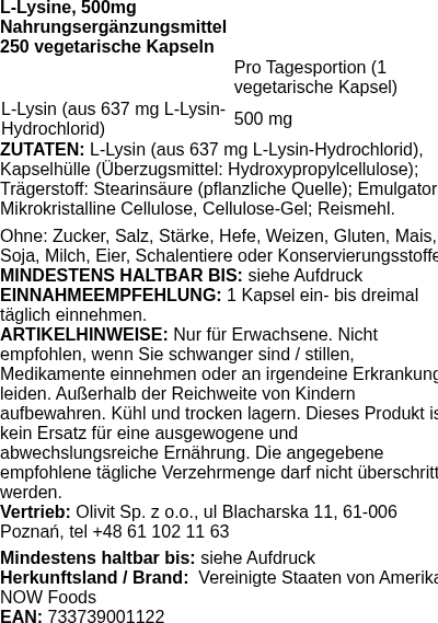 Produktetikett — L-Lysine, 500mg - 250 vcaps (PB 82170)