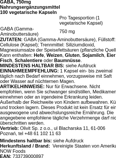 Produktetikett — GABA, 750mg - 100 vcaps (PB 85952)