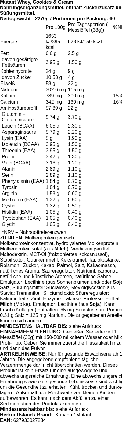 Produktetikett — Mutant Whey, Cookies & Cream - 2270g (PB 81287)