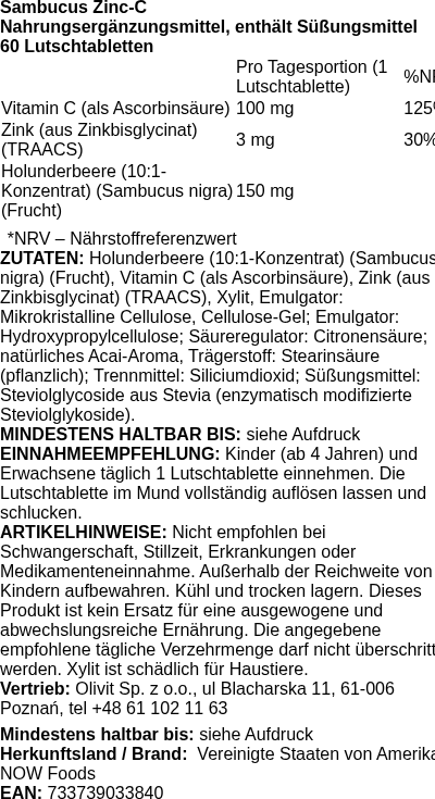 Produktetikett — Sambucus Zinc-C - 60 lozenges (PB 102165)