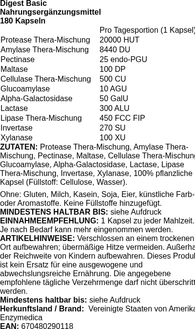 Produktetikett — Digest Basic - 180 caps (PB 118647)