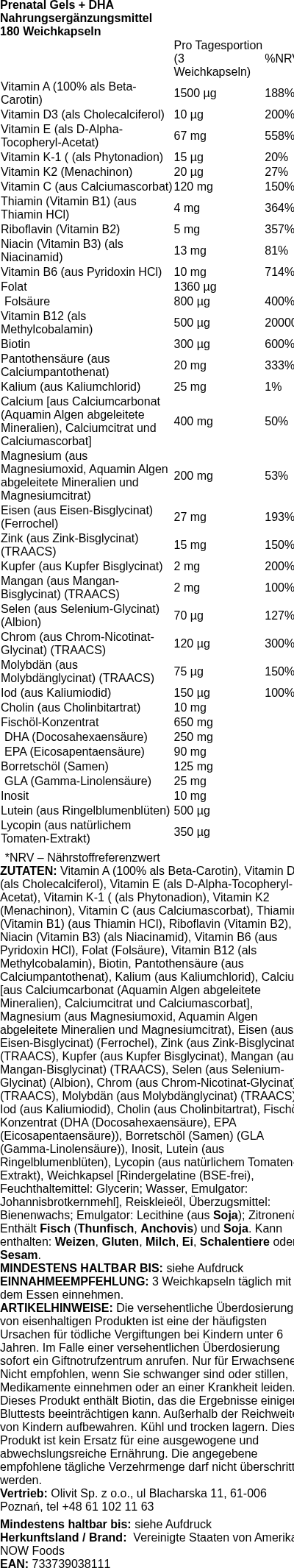 Produktetikett — Prenatal Gels + DHA - 180 softgels (PB 69602)