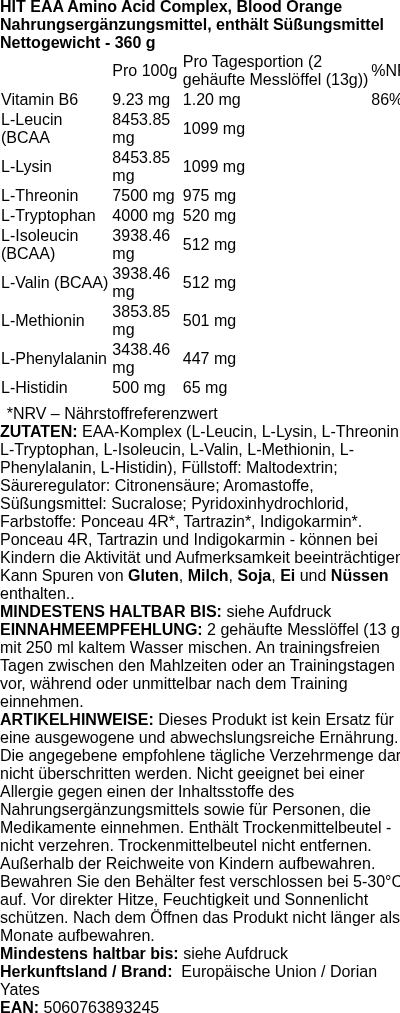 Produktetikett — HIT EAA Amino Acid Complex, Blood Orange - 360g (PB 110646)