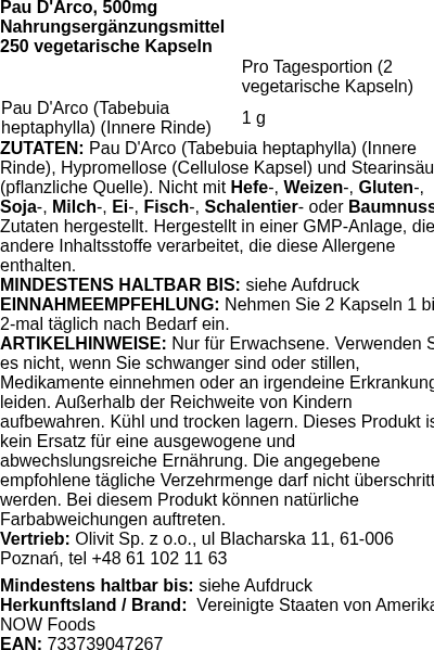 Produktetikett — Pau D'Arco, 500mg - 250 vcaps (PB 66663)