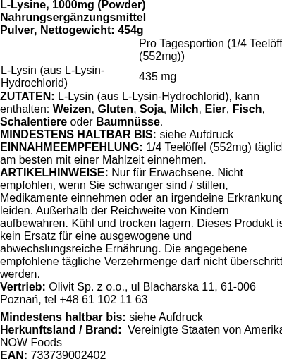 Produktetikett — L-Lysine, 1000mg (Powder) - 454g (PB 10405)