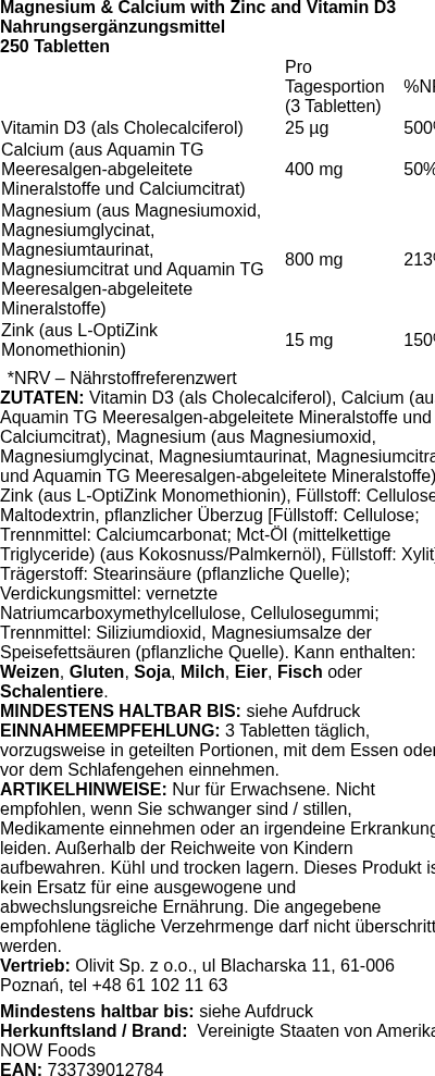 Produktetikett — Magnesium & Calcium with Zinc and Vitamin D3 - 250 tablets (PB 72307)