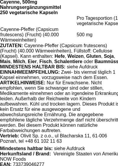 Produktetikett — Cayenne, 500mg - 250 vcaps (PB 8298)